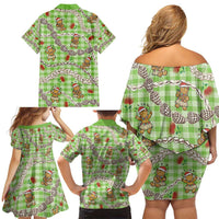 Green Palaka Hawaii Mele Kalikimaka Family Matching Off Shoulder Short Dress and Hawaiian Shirt Ohia Lehua Shell Leis Funny Gingerbread Santa - Polynesian Pride