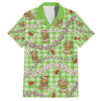 Green Palaka Hawaii Mele Kalikimaka Family Matching Short Sleeve Bodycon Dress and Hawaiian Shirt Ohia Lehua Shell Leis Funny Gingerbread Santa - Polynesian Pride