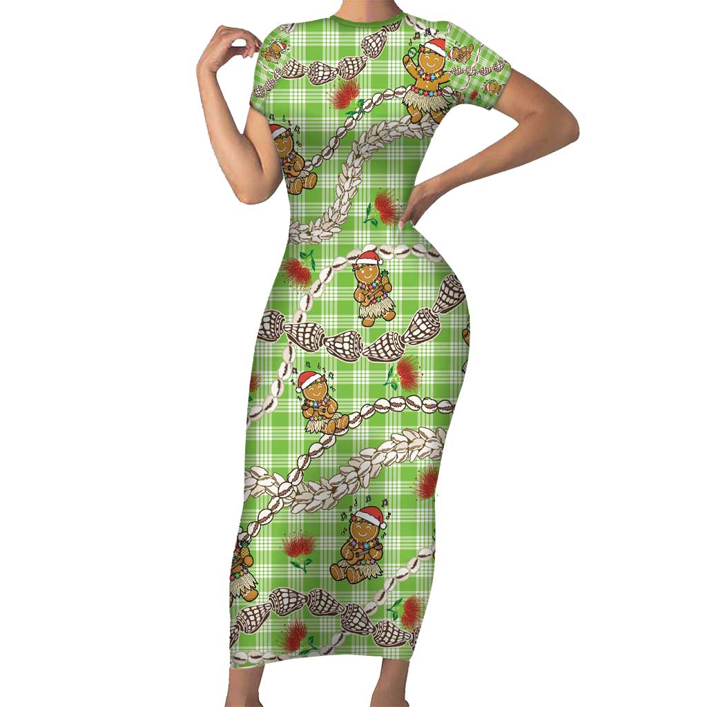 Green Palaka Hawaii Mele Kalikimaka Family Matching Short Sleeve Bodycon Dress and Hawaiian Shirt Ohia Lehua Shell Leis Funny Gingerbread Santa - Polynesian Pride