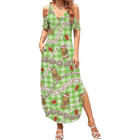 Green Palaka Hawaii Mele Kalikimaka Family Matching Summer Maxi Dress and Hawaiian Shirt Ohia Lehua Shell Leis Funny Gingerbread Santa - Polynesian Pride