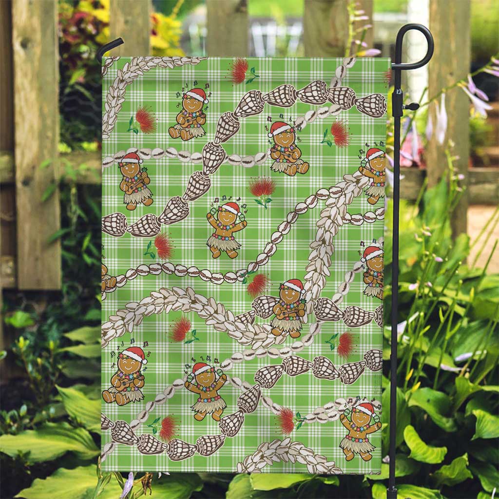 Green Palaka Hawaii Mele Kalikimaka Garden Flag Ohia Lehua Shell Leis Funny Gingerbread Santa - Polynesian Pride