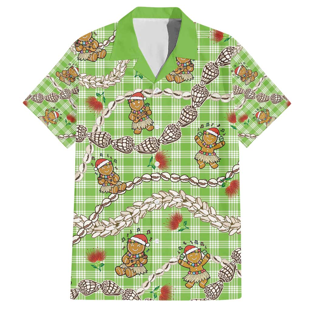 Green Palaka Hawaii Mele Kalikimaka Hawaiian Shirt Ohia Lehua Shell Leis Funny Gingerbread Santa - Polynesian Pride