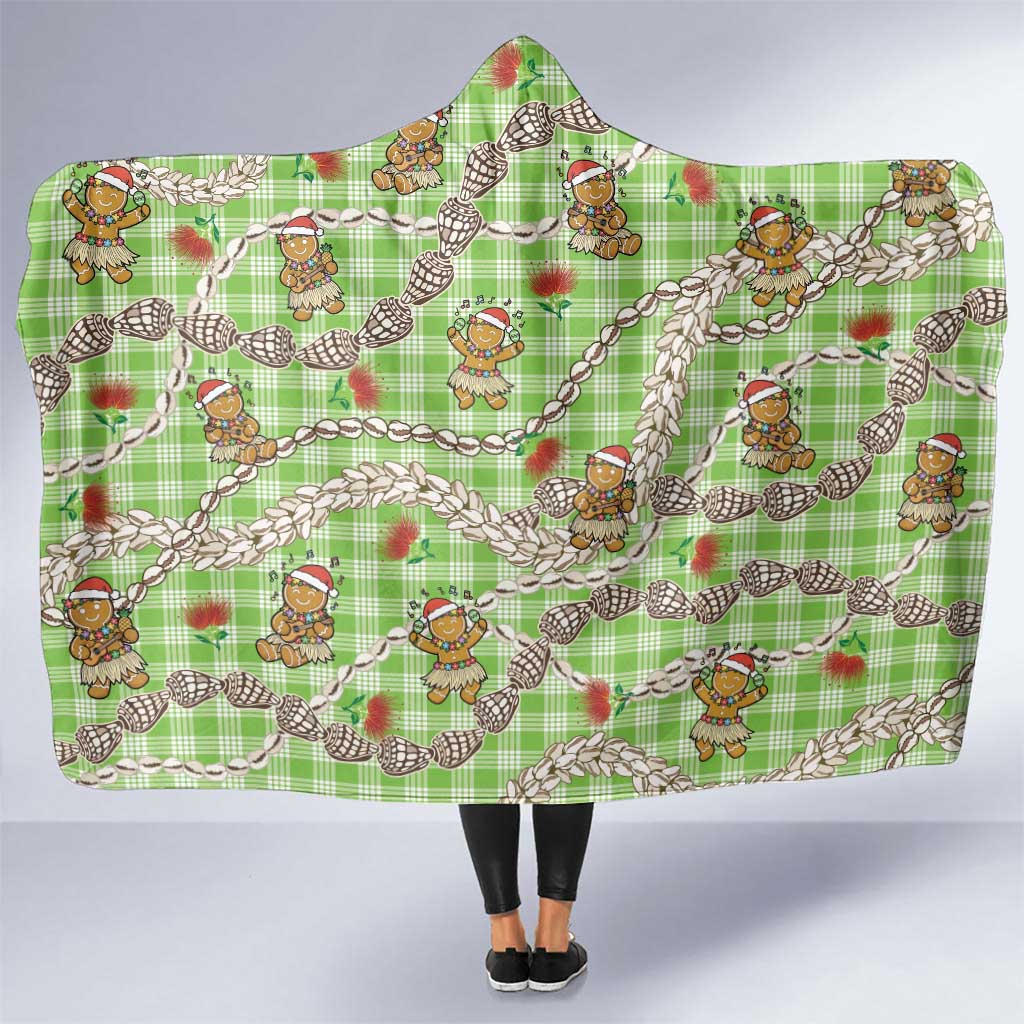Green Palaka Hawaii Mele Kalikimaka Hooded Blanket Ohia Lehua Shell Leis Funny Gingerbread Santa - Polynesian Pride