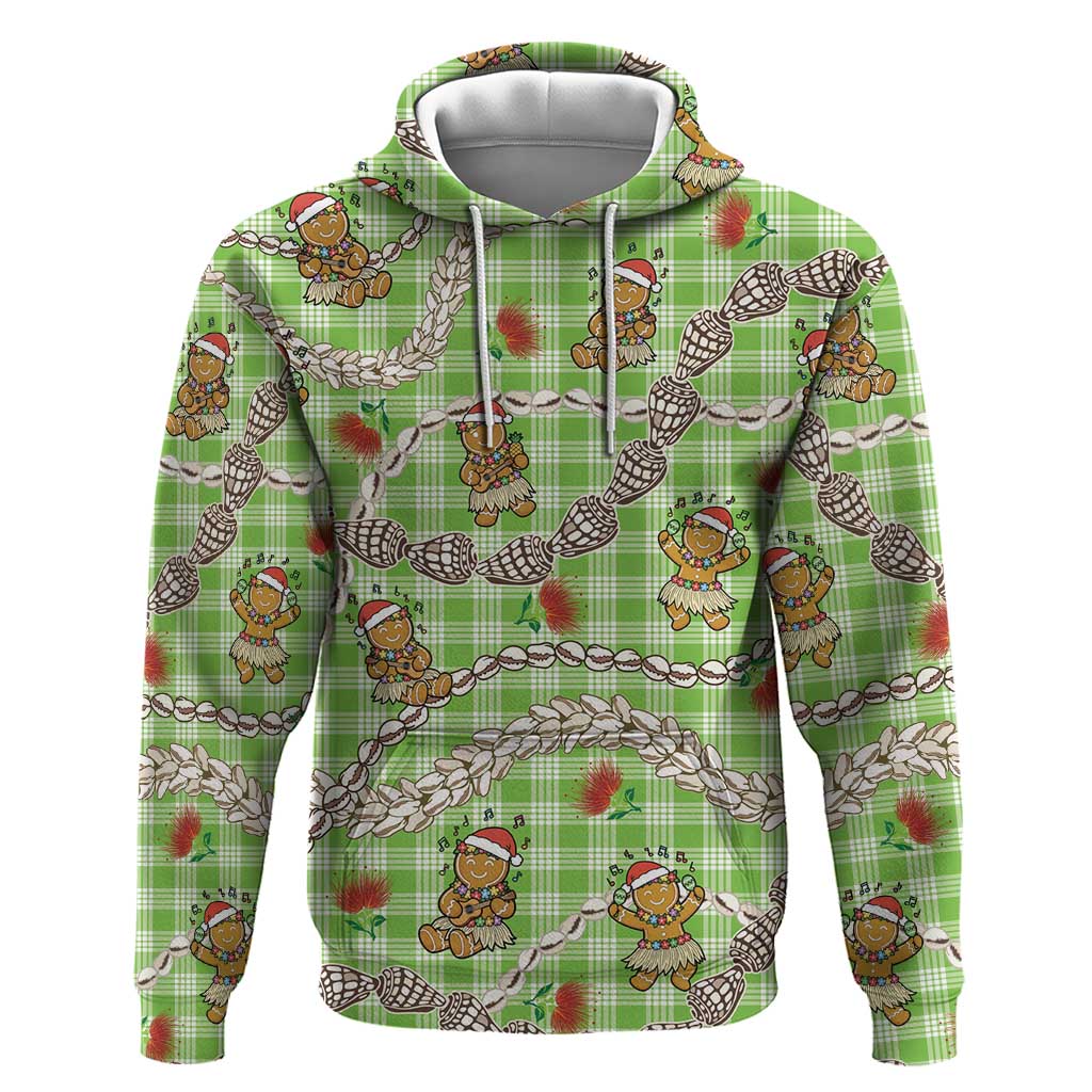 Green Palaka Hawaii Mele Kalikimaka Hoodie Ohia Lehua Shell Leis Funny Gingerbread Santa - Polynesian Pride
