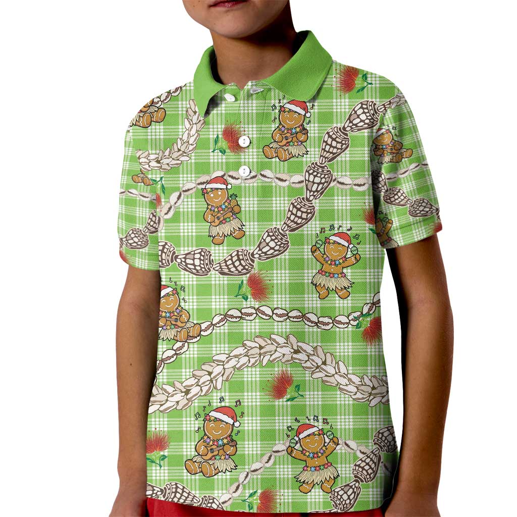 Green Palaka Hawaii Mele Kalikimaka Kid Polo Shirt Ohia Lehua Shell Leis Funny Gingerbread Santa - Polynesian Pride