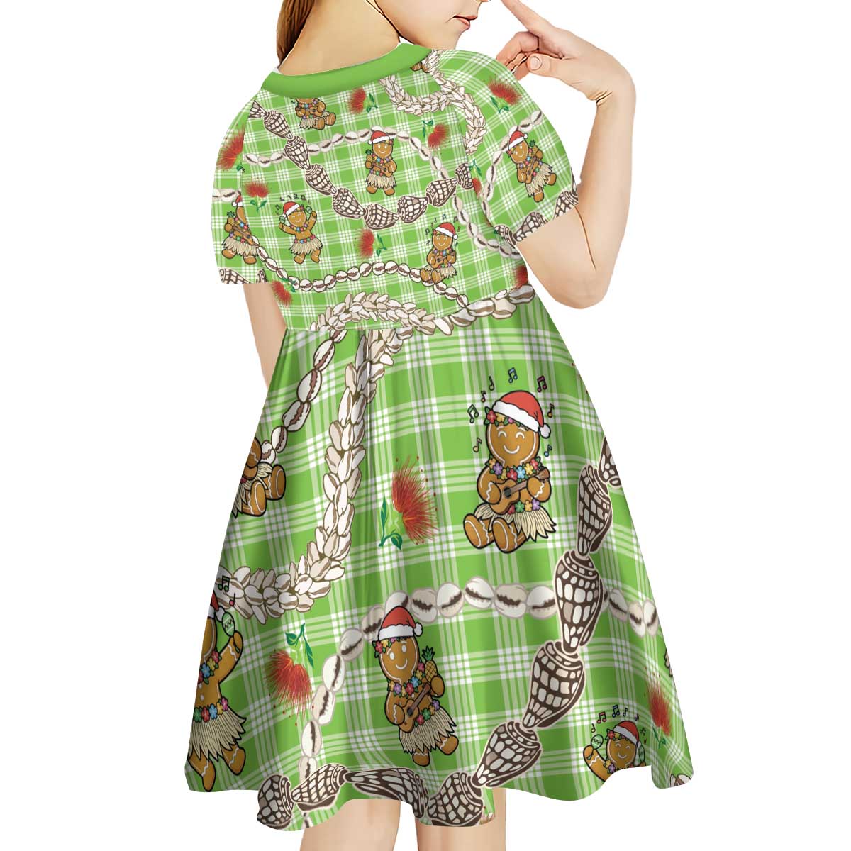Green Palaka Hawaii Mele Kalikimaka Kid Short Sleeve Dress Ohia Lehua Shell Leis Funny Gingerbread Santa - Polynesian Pride
