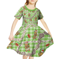 Green Palaka Hawaii Mele Kalikimaka Kid Short Sleeve Dress Ohia Lehua Shell Leis Funny Gingerbread Santa - Polynesian Pride
