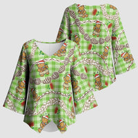 Green Palaka Hawaii Mele Kalikimaka Kimono Sleeve Blouse Ohia Lehua Shell Leis Funny Gingerbread Santa - Polynesian Pride