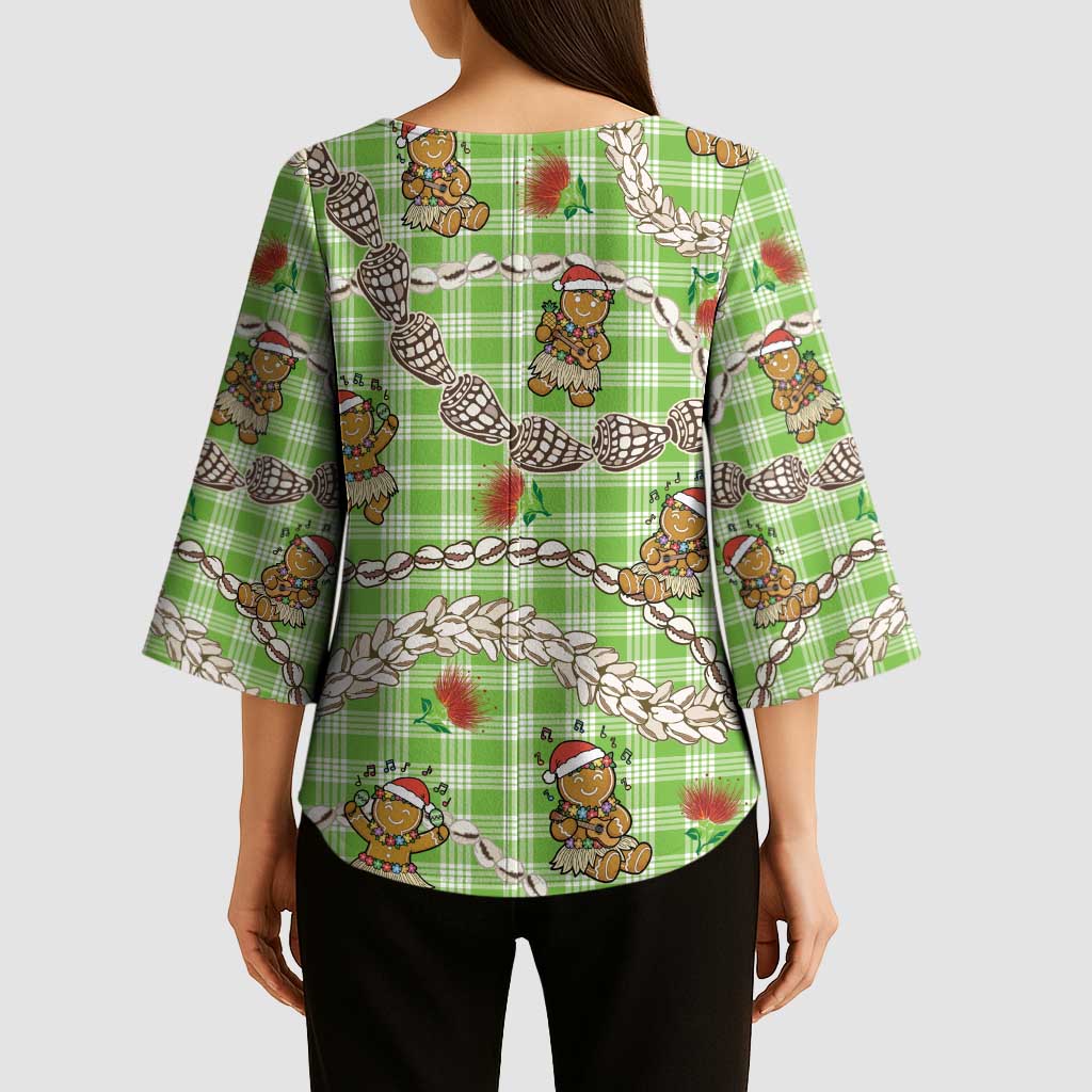 Green Palaka Hawaii Mele Kalikimaka Kimono Sleeve Blouse Ohia Lehua Shell Leis Funny Gingerbread Santa - Polynesian Pride