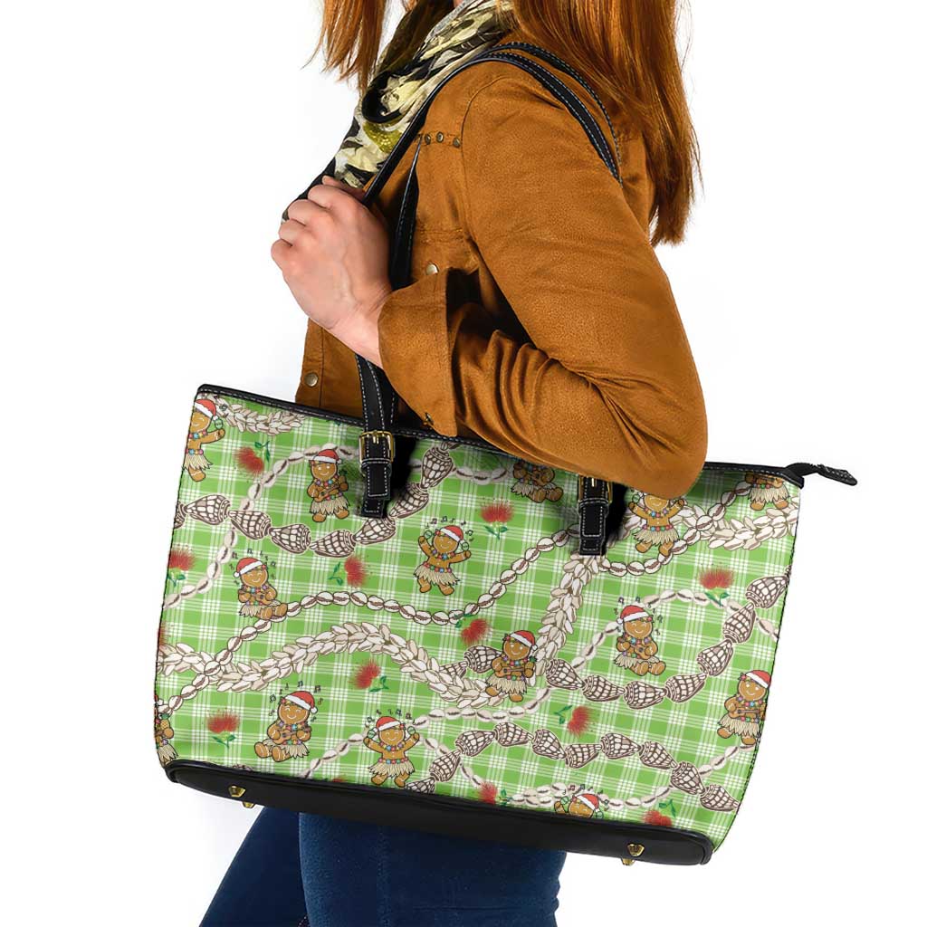 Green Palaka Hawaii Mele Kalikimaka Leather Tote Bag Ohia Lehua Shell Leis Funny Gingerbread Santa - Polynesian Pride