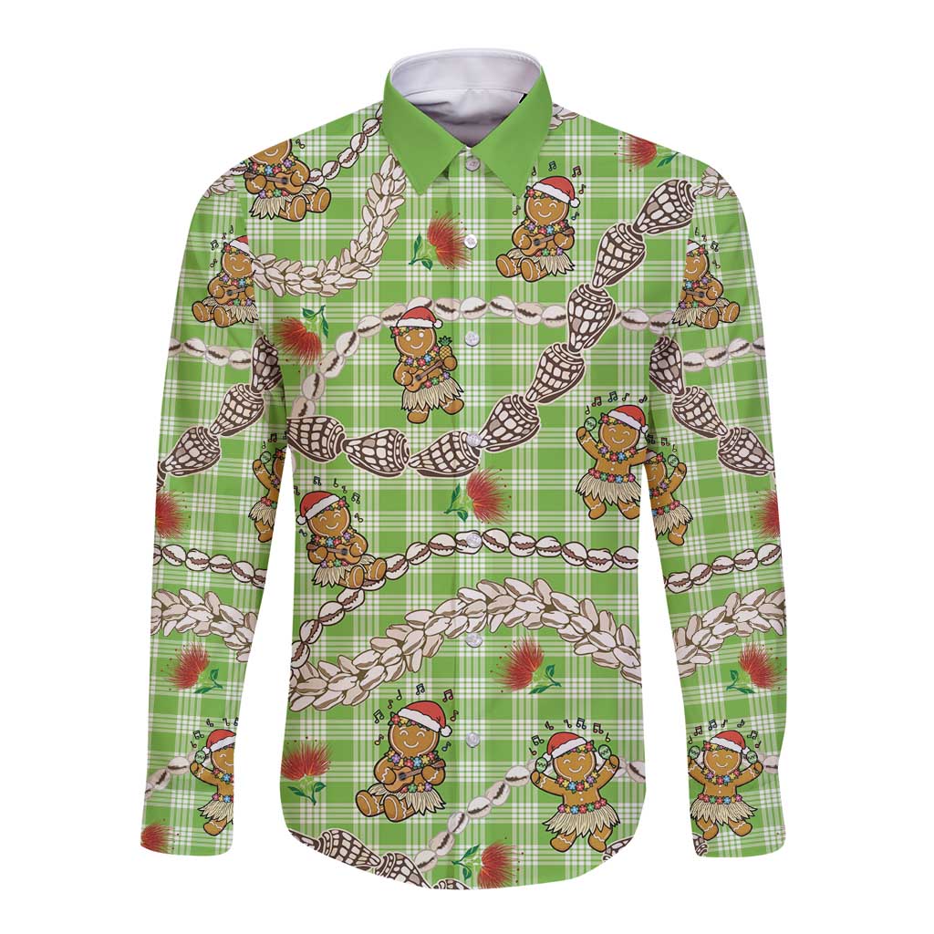 Green Palaka Hawaii Mele Kalikimaka Long Sleeve Button Shirt Ohia Lehua Shell Leis Funny Gingerbread Santa - Polynesian Pride