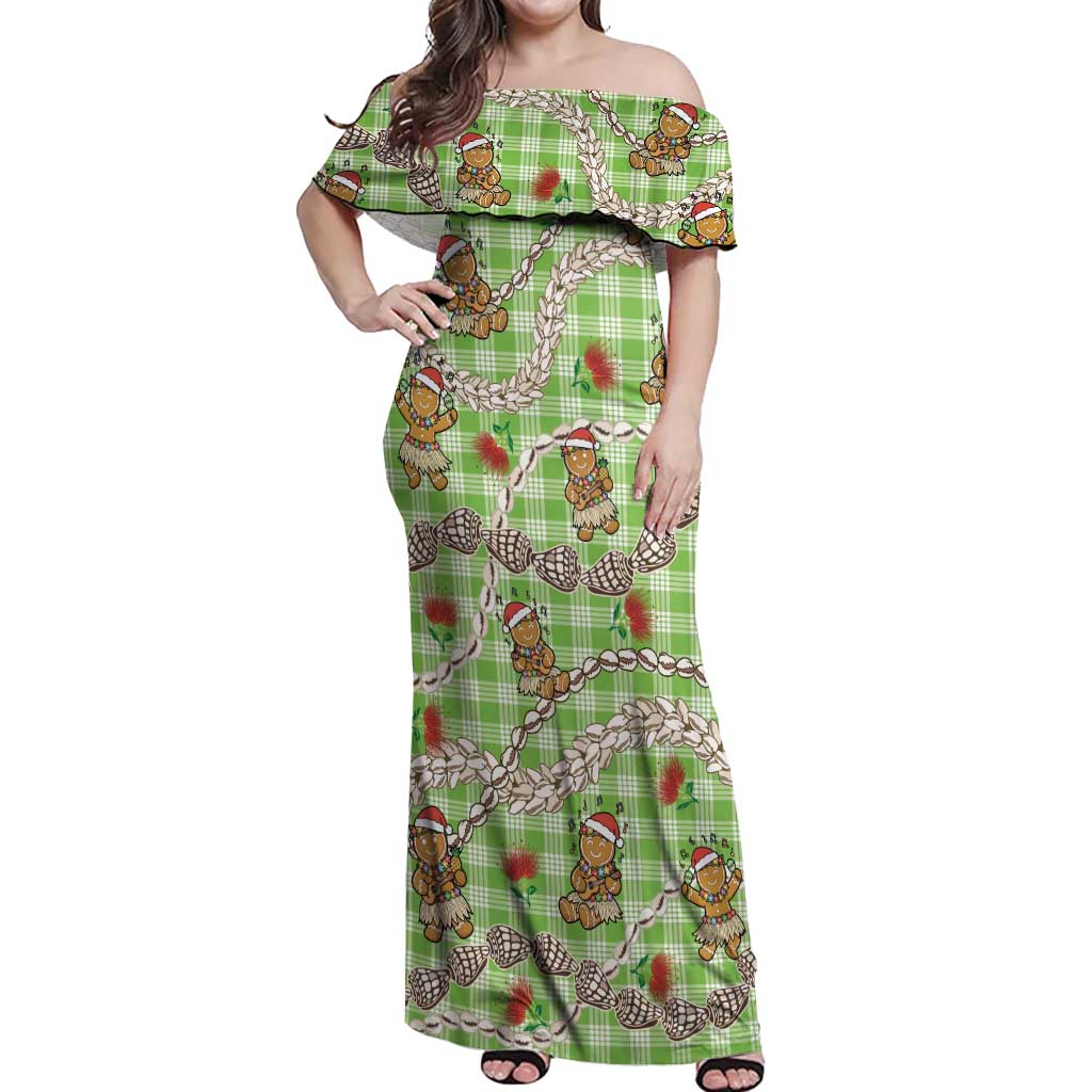 Green Palaka Hawaii Mele Kalikimaka Off Shoulder Maxi Dress Ohia Lehua Shell Leis Funny Gingerbread Santa - Polynesian Pride