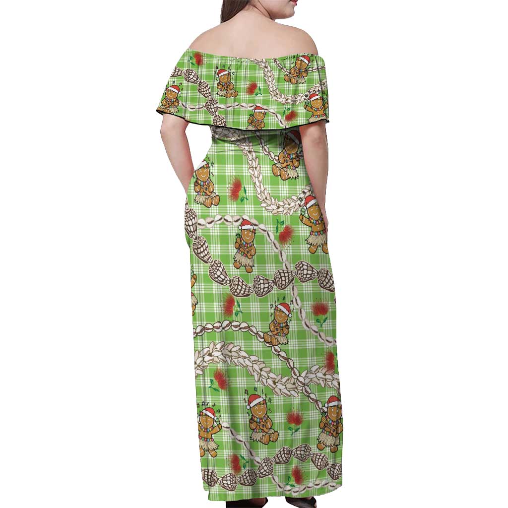 Green Palaka Hawaii Mele Kalikimaka Off Shoulder Maxi Dress Ohia Lehua Shell Leis Funny Gingerbread Santa - Polynesian Pride