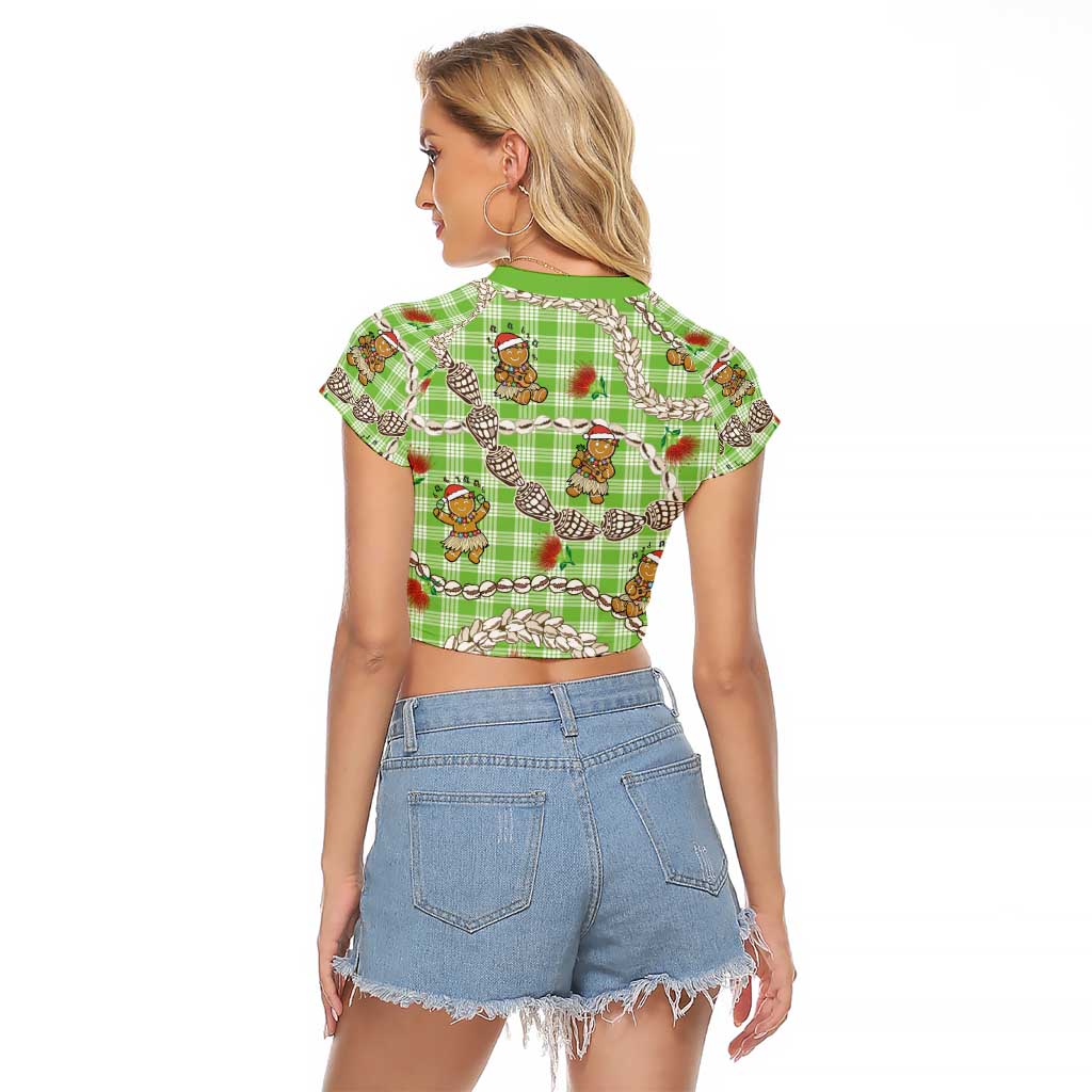 Green Palaka Hawaii Mele Kalikimaka Raglan Cropped T Shirt Ohia Lehua Shell Leis Funny Gingerbread Santa - Polynesian Pride