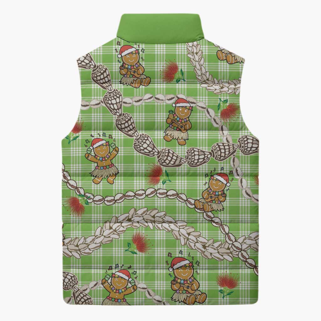 Green Palaka Hawaii Mele Kalikimaka Sleeveless Puffer Jacket Ohia Lehua Shell Leis Funny Gingerbread Santa - Polynesian Pride