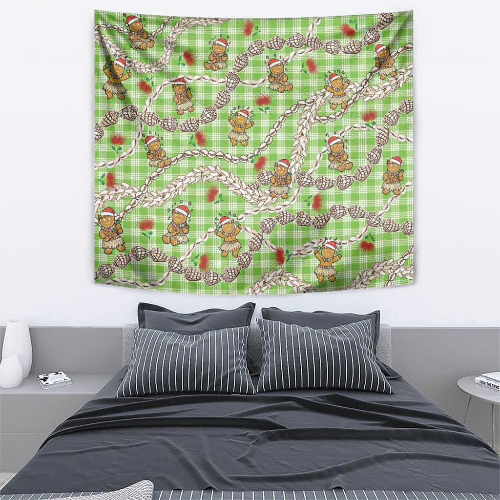 Green Palaka Hawaii Mele Kalikimaka Tapestry Ohia Lehua Shell Leis Funny Gingerbread Santa - Polynesian Pride