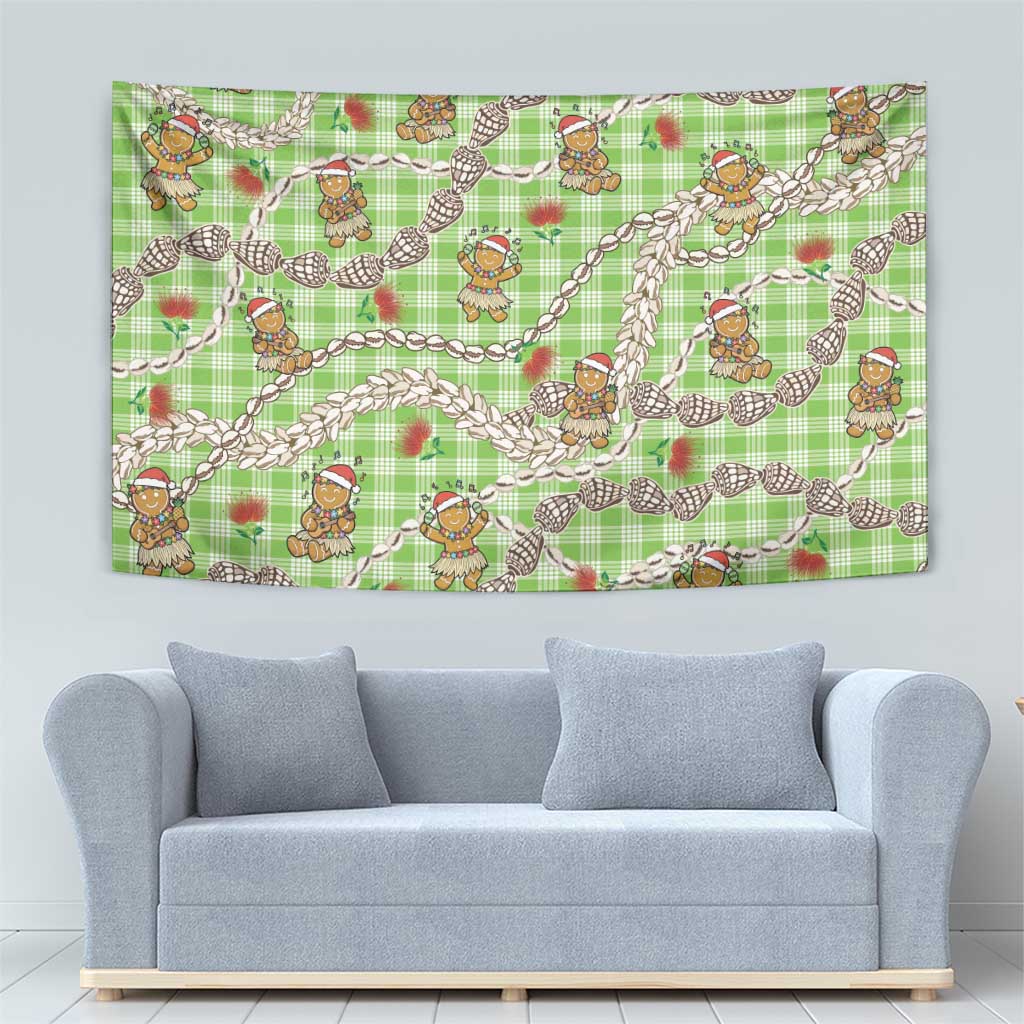 Green Palaka Hawaii Mele Kalikimaka Tapestry Ohia Lehua Shell Leis Funny Gingerbread Santa - Polynesian Pride