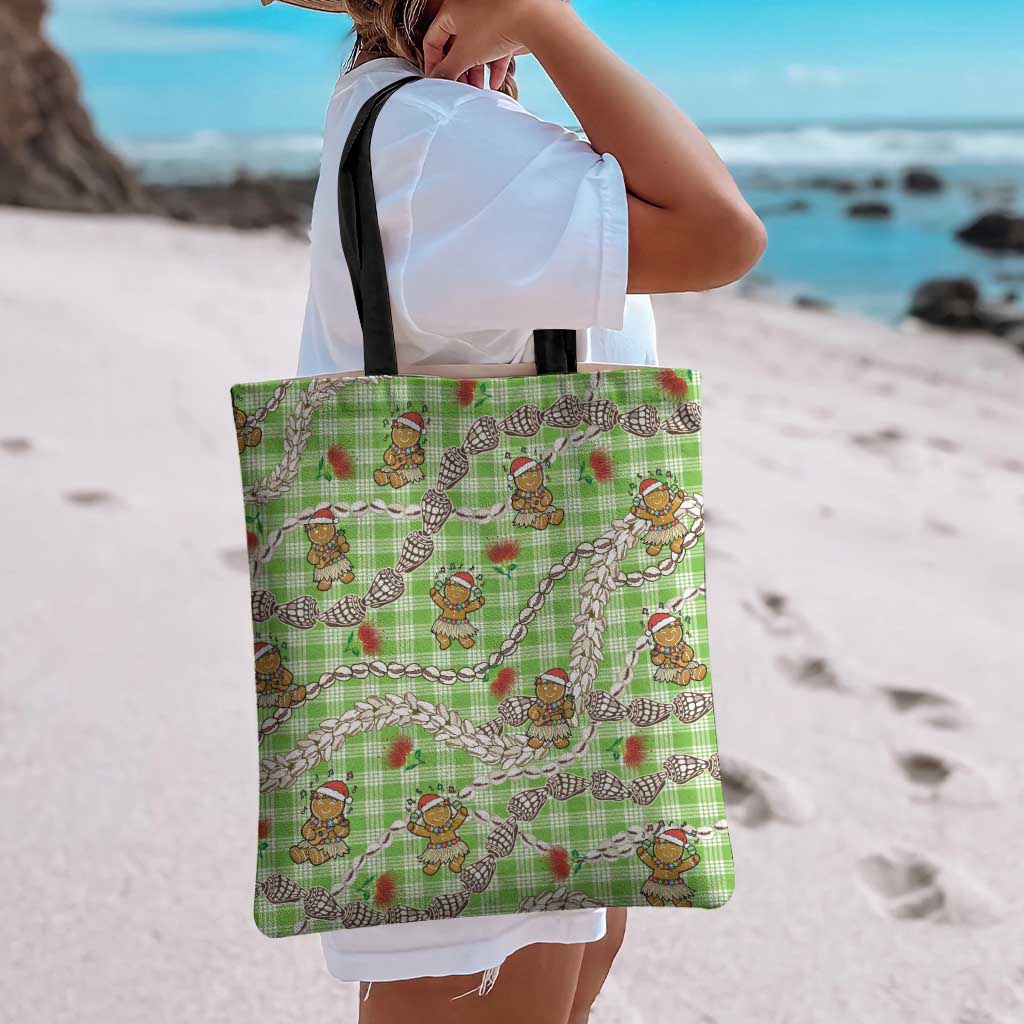 Green Palaka Hawaii Mele Kalikimaka Tote Bag Ohia Lehua Shell Leis Funny Gingerbread Santa - Polynesian Pride