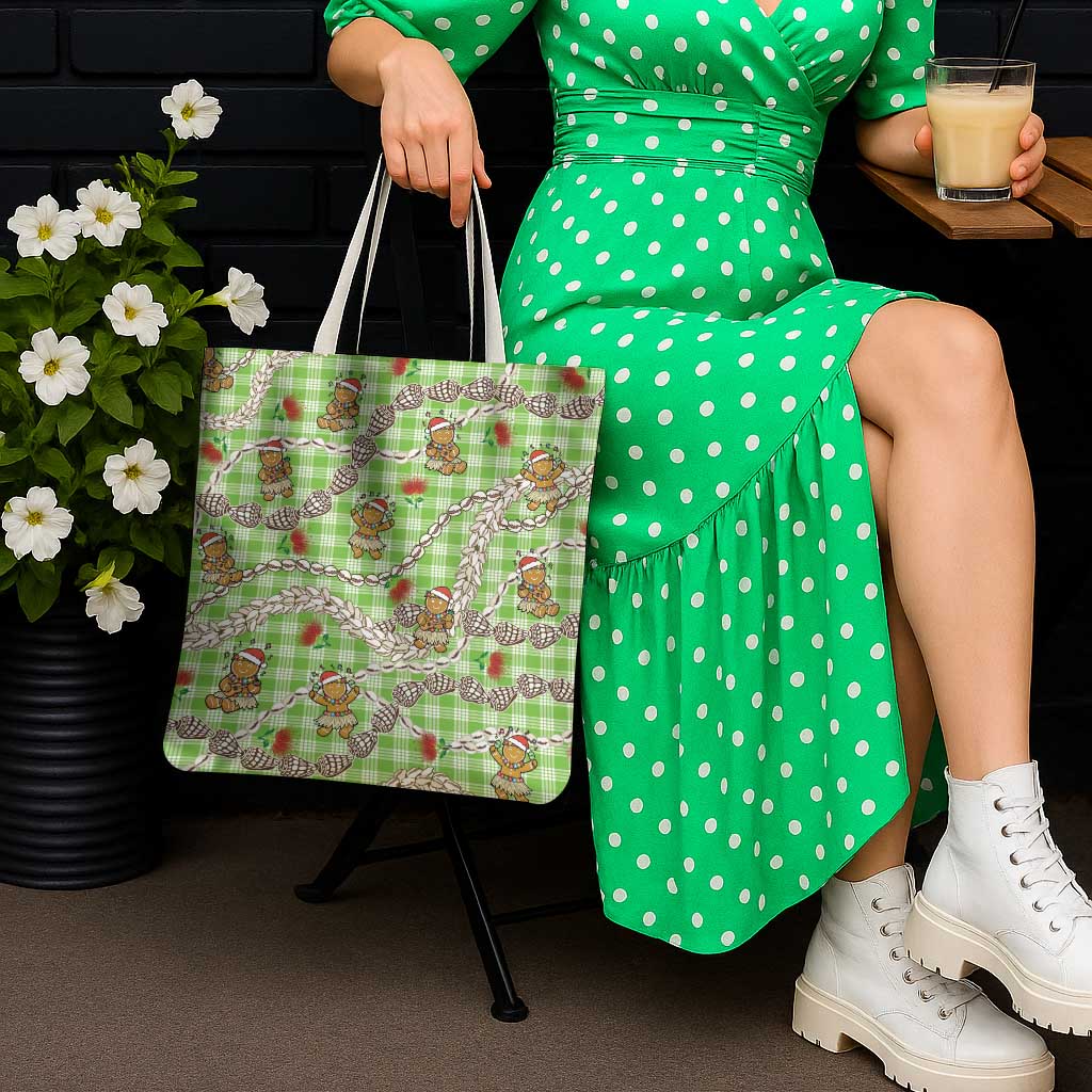 Green Palaka Hawaii Mele Kalikimaka Tote Bag Ohia Lehua Shell Leis Funny Gingerbread Santa - Polynesian Pride