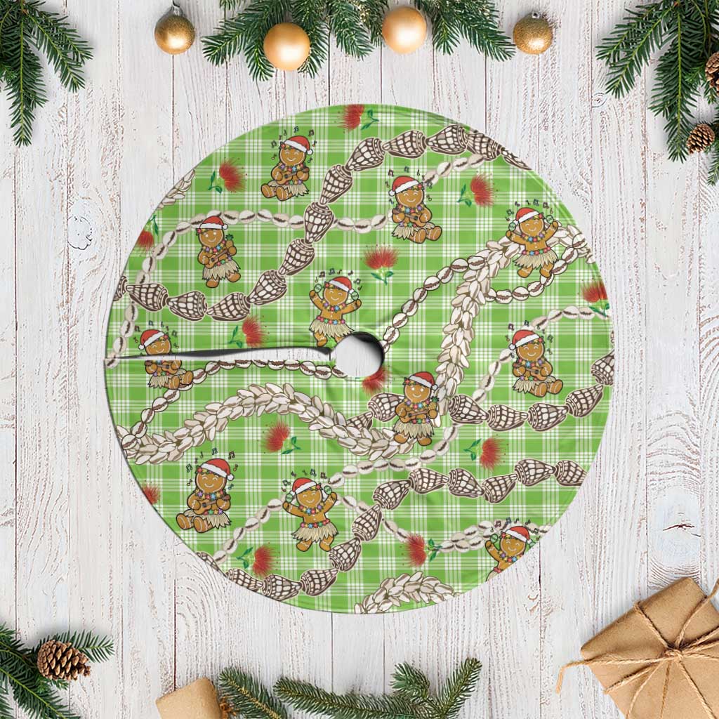 Green Palaka Hawaii Mele Kalikimaka Tree Skirt Ohia Lehua Shell Leis Funny Gingerbread Santa - Polynesian Pride