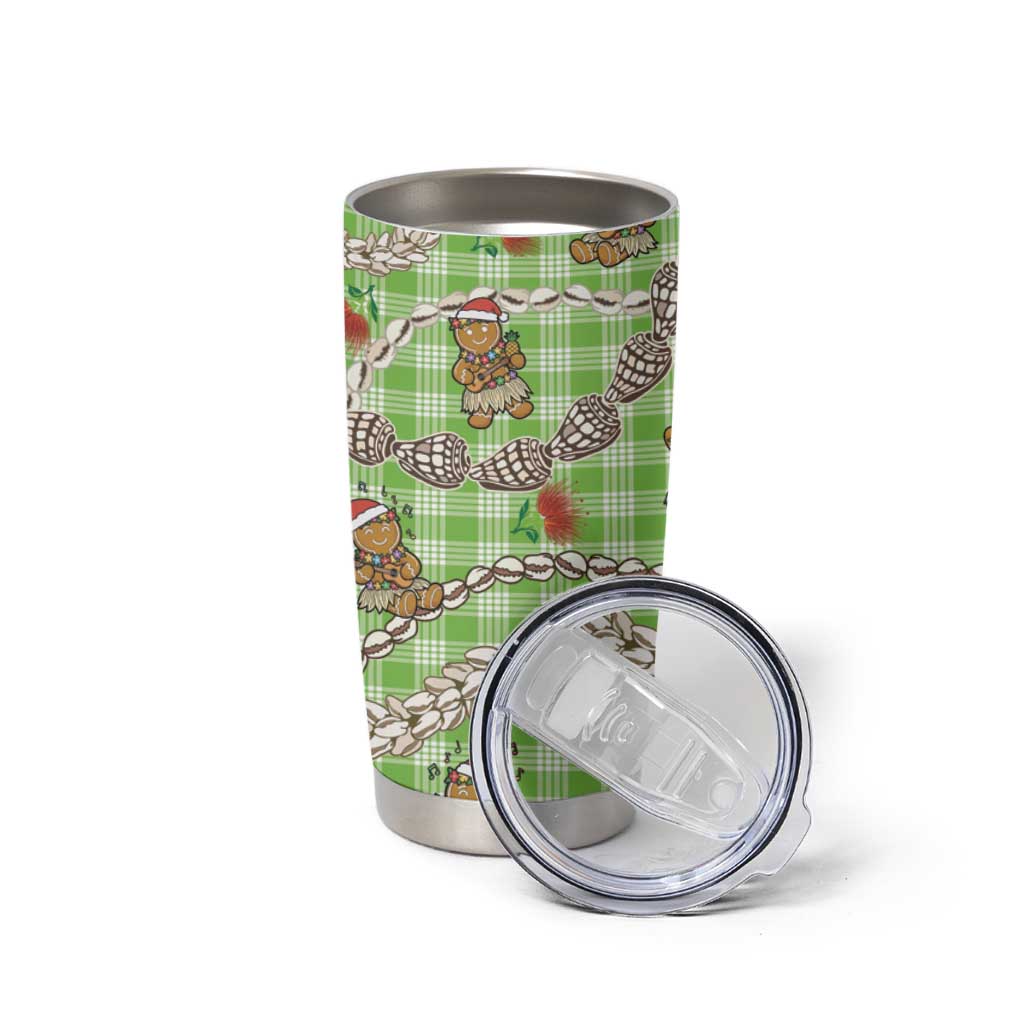 Green Palaka Hawaii Mele Kalikimaka Tumbler Cup Ohia Lehua Shell Leis Funny Gingerbread Santa - Polynesian Pride