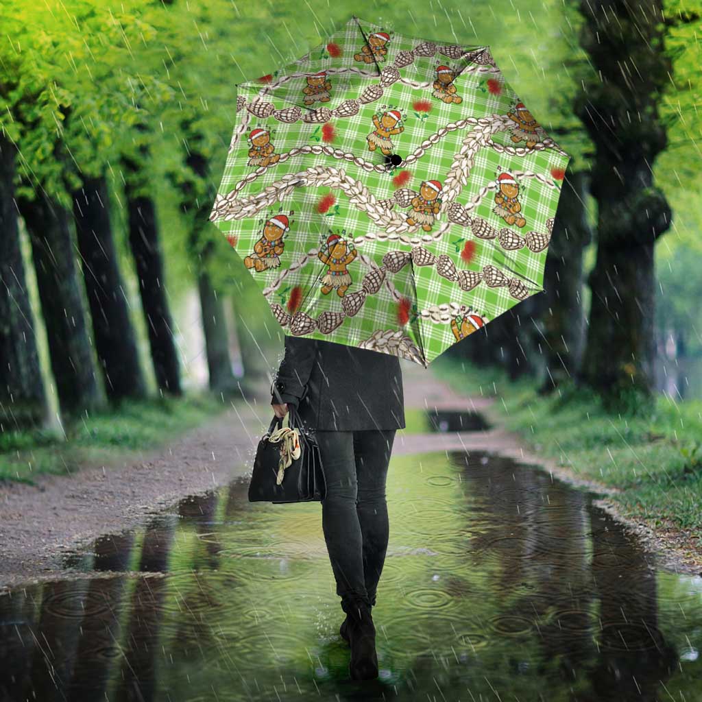 Green Palaka Hawaii Mele Kalikimaka Umbrella Ohia Lehua Shell Leis Funny Gingerbread Santa - Polynesian Pride