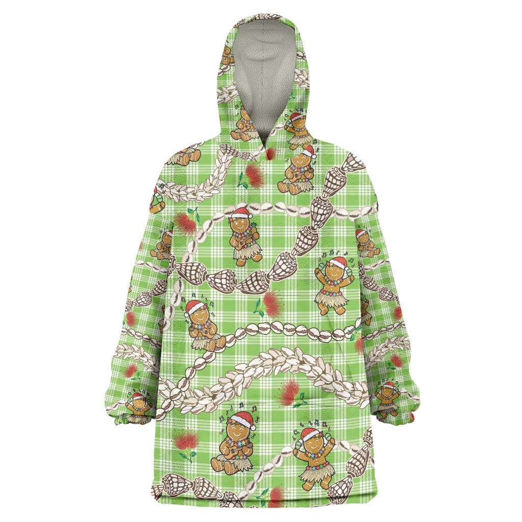 Green Palaka Hawaii Mele Kalikimaka Wearable Blanket Hoodie Ohia Lehua Shell Leis Funny Gingerbread Santa - Polynesian Pride