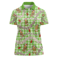 Green Palaka Hawaii Mele Kalikimaka Women Polo Shirt Ohia Lehua Shell Leis Funny Gingerbread Santa - Polynesian Pride
