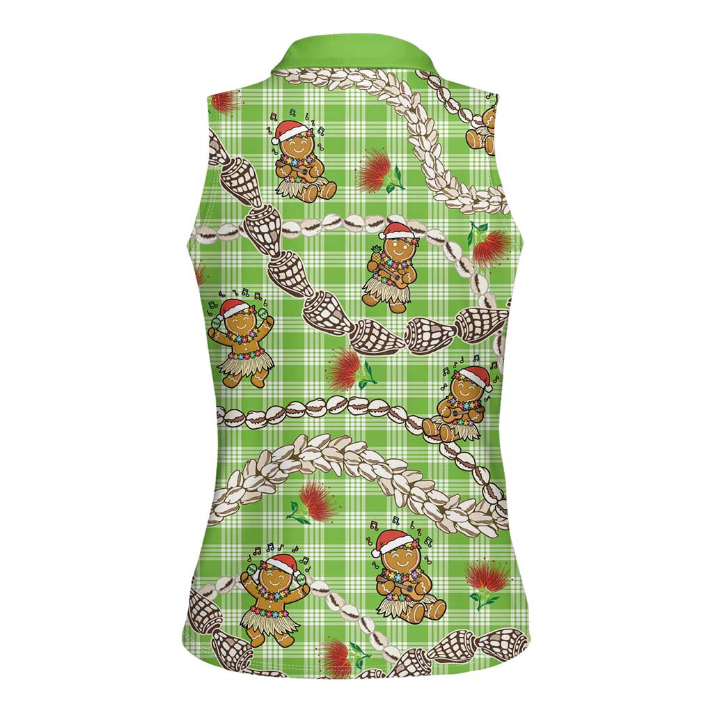 Green Palaka Hawaii Mele Kalikimaka Women Sleeveless Polo Shirt Ohia Lehua Shell Leis Funny Gingerbread Santa - Polynesian Pride