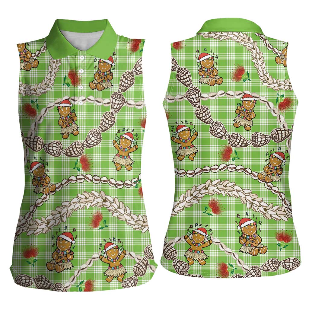Green Palaka Hawaii Mele Kalikimaka Women Sleeveless Polo Shirt Ohia Lehua Shell Leis Funny Gingerbread Santa - Polynesian Pride