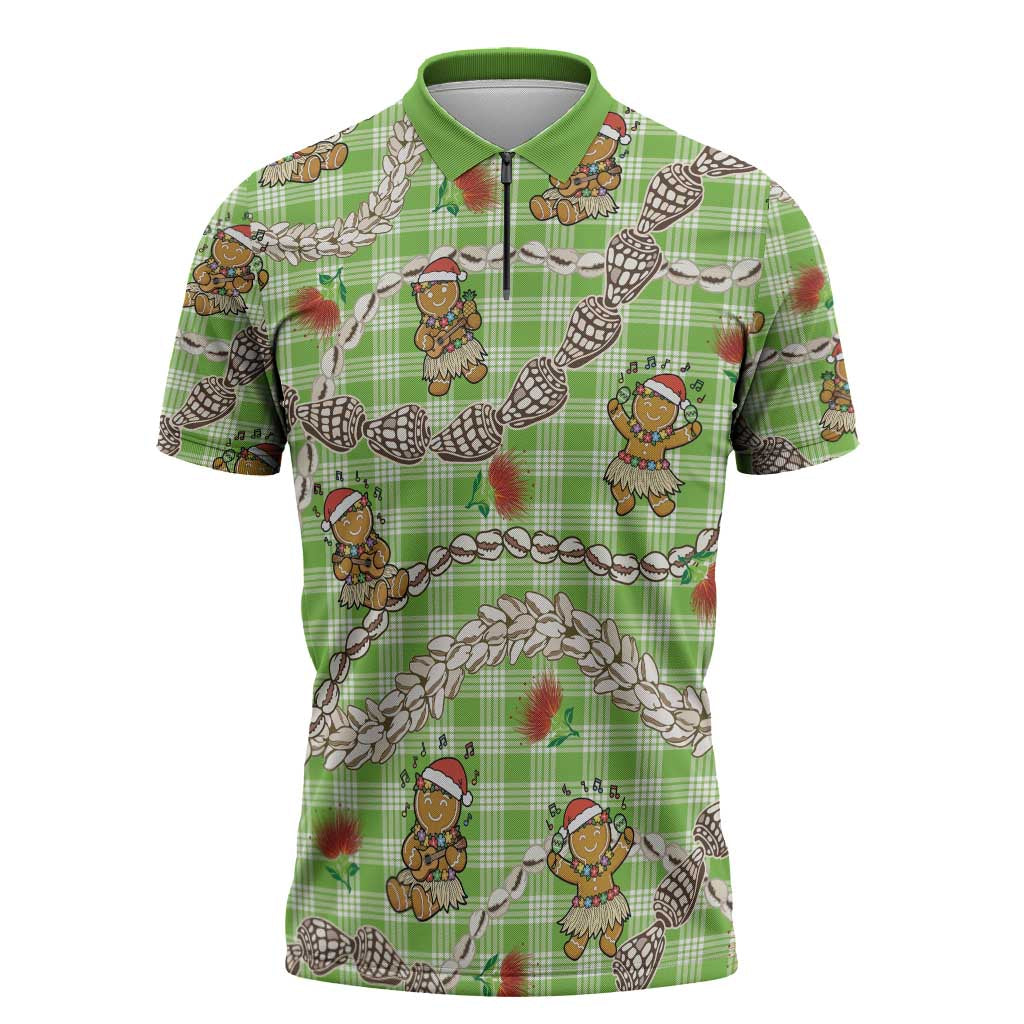 Green Palaka Hawaii Mele Kalikimaka Zipper Polo Shirt Ohia Lehua Shell Leis Funny Gingerbread Santa - Polynesian Pride