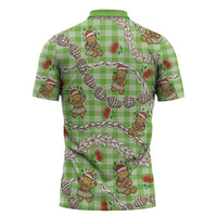 Green Palaka Hawaii Mele Kalikimaka Zipper Polo Shirt Ohia Lehua Shell Leis Funny Gingerbread Santa - Polynesian Pride