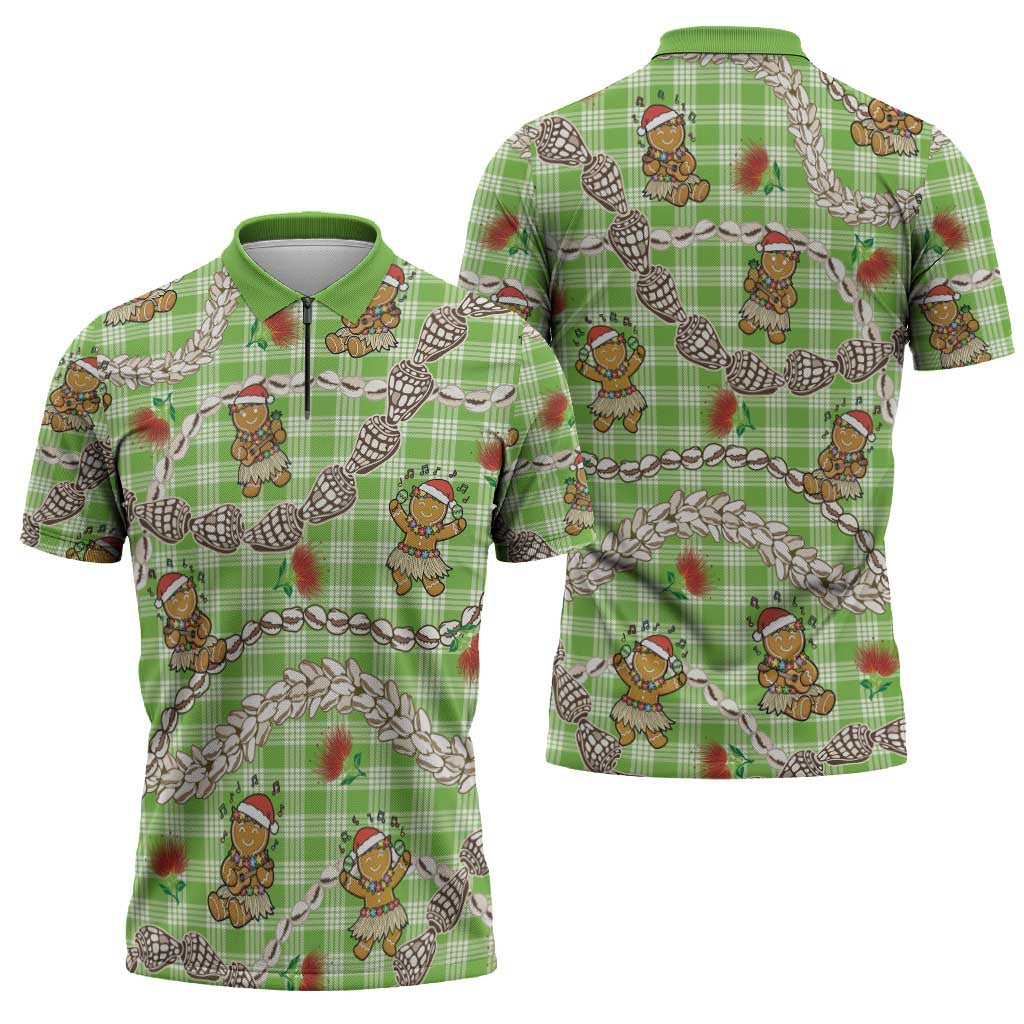 Green Palaka Hawaii Mele Kalikimaka Zipper Polo Shirt Ohia Lehua Shell Leis Funny Gingerbread Santa - Polynesian Pride