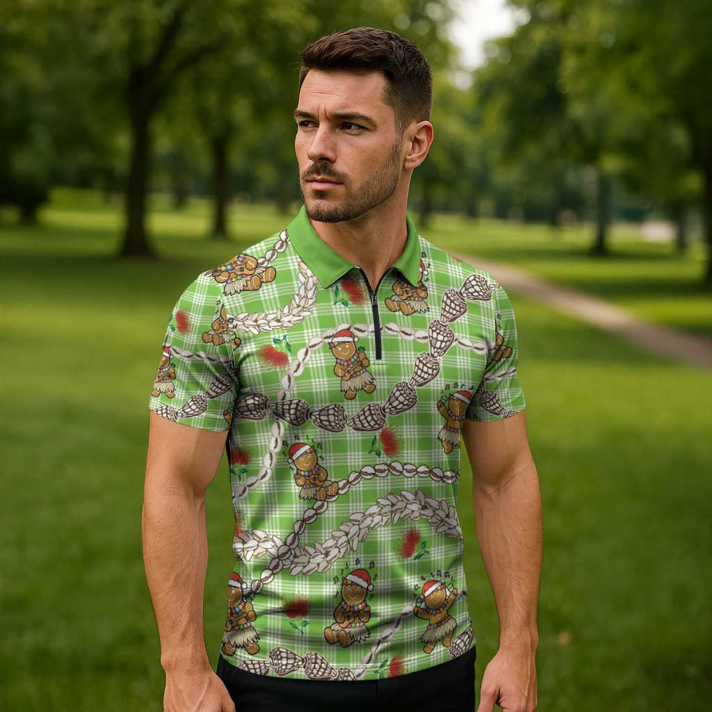 Green Palaka Hawaii Mele Kalikimaka Zipper Polo Shirt Ohia Lehua Shell Leis Funny Gingerbread Santa - Polynesian Pride