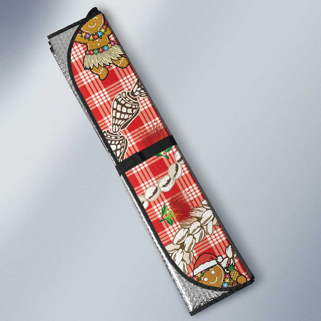 Red Palaka Hawaii Mele Kalikimaka Auto Sun Shade Ohia Lehua Shell Leis Funny Gingerbread Santa - Polynesian Pride