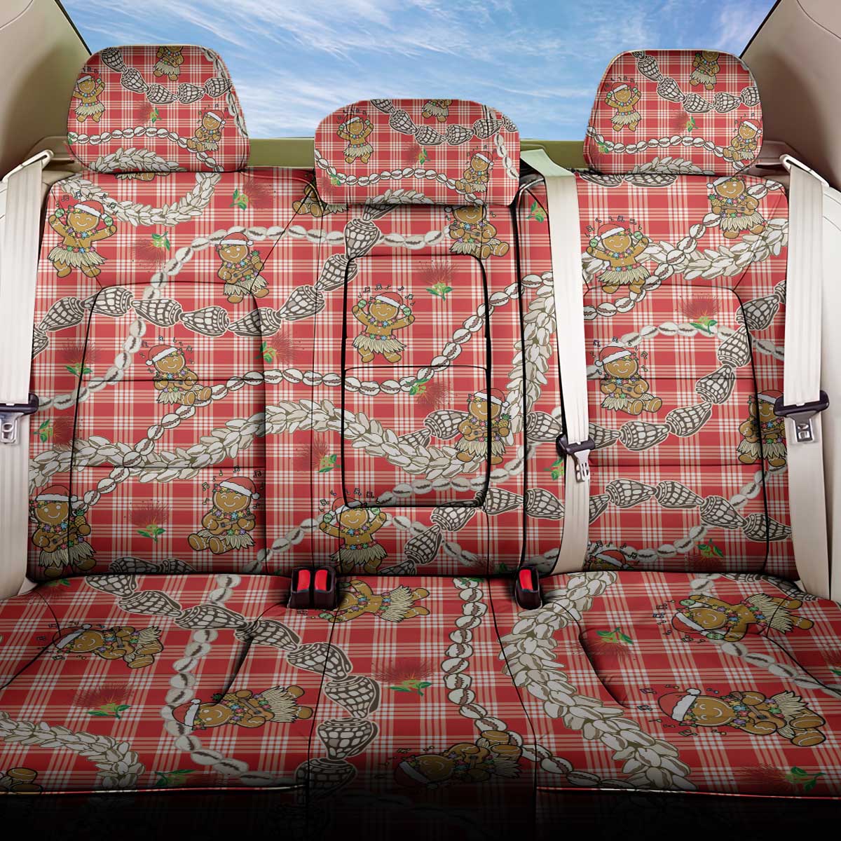 Red Palaka Hawaii Mele Kalikimaka Back Car Seat Cover Ohia Lehua Shell Leis Funny Gingerbread Santa - Polynesian Pride