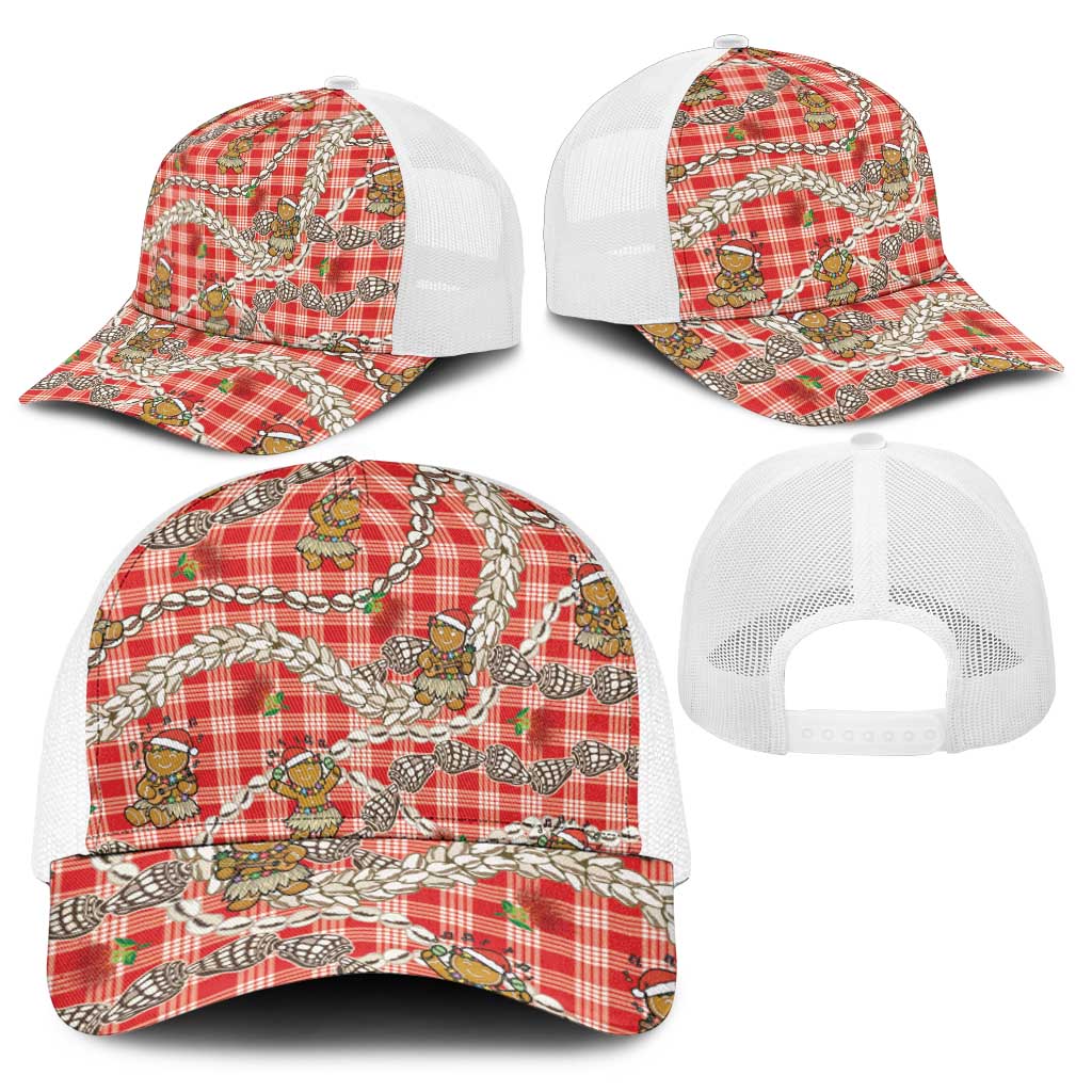 Red Palaka Hawaii Mele Kalikimaka Baseball Net Cap Ohia Lehua Shell Leis Funny Gingerbread Santa - Polynesian Pride
