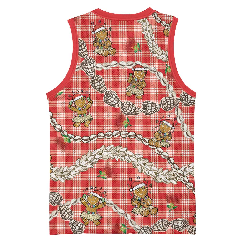 Red Palaka Hawaii Mele Kalikimaka Basketball Jersey Ohia Lehua Shell Leis Funny Gingerbread Santa - Polynesian Pride