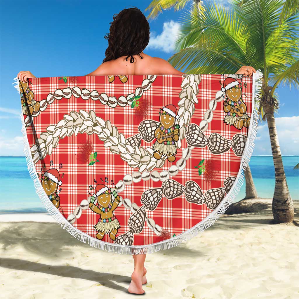 Red Palaka Hawaii Mele Kalikimaka Beach Blanket Ohia Lehua Shell Leis Funny Gingerbread Santa - Polynesian Pride