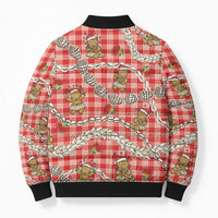 Red Palaka Hawaii Mele Kalikimaka Bomber Puffer Jacket Ohia Lehua Shell Leis Funny Gingerbread Santa - Polynesian Pride