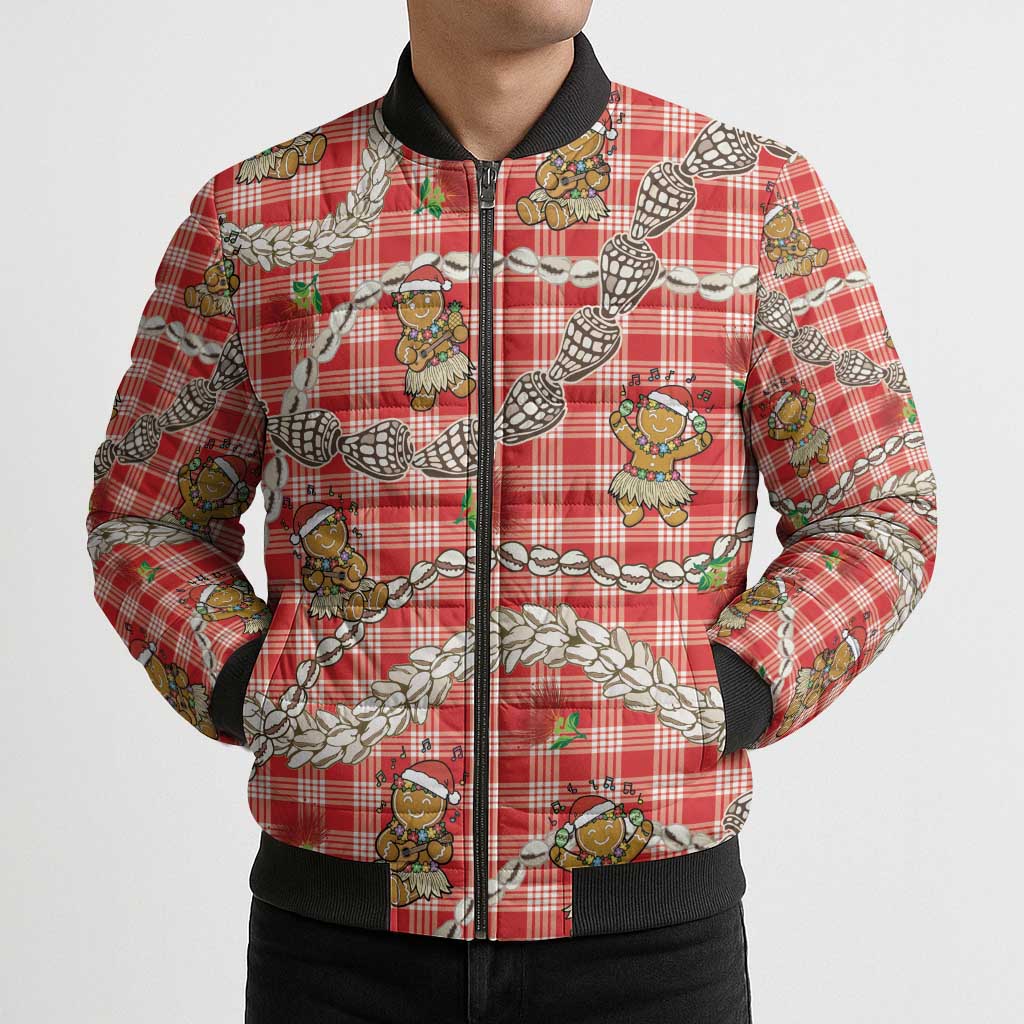 Red Palaka Hawaii Mele Kalikimaka Bomber Puffer Jacket Ohia Lehua Shell Leis Funny Gingerbread Santa - Polynesian Pride