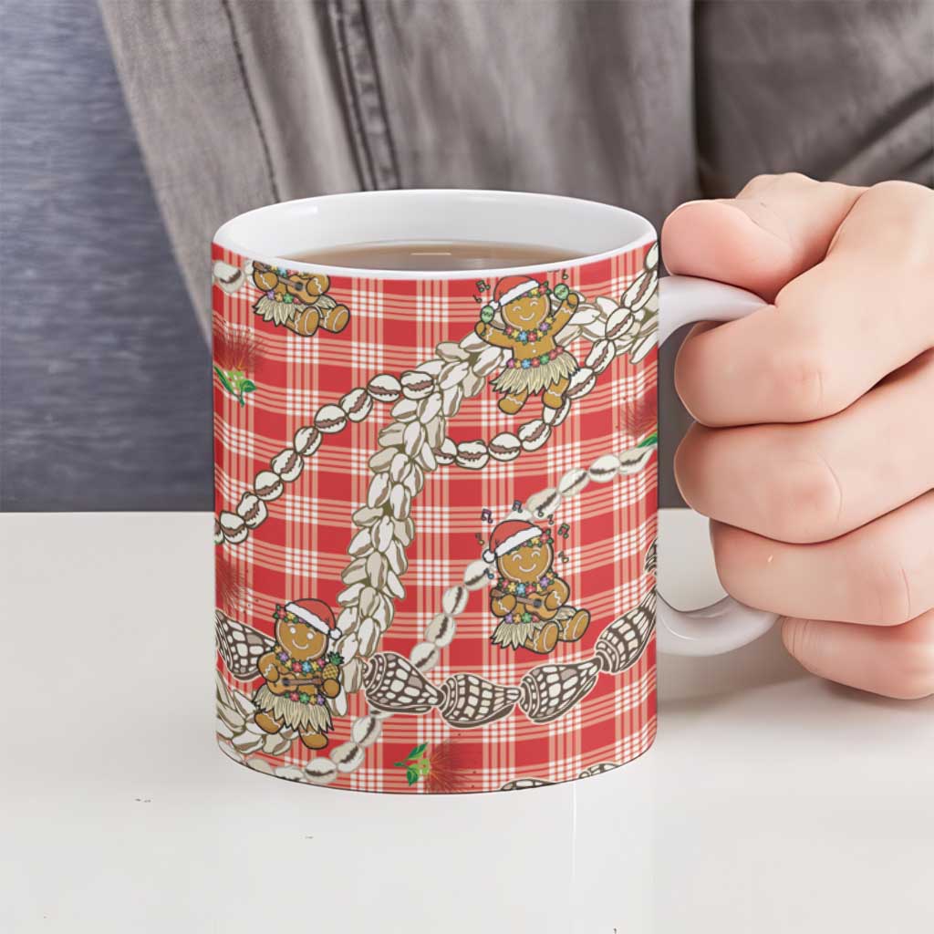 Red Palaka Hawaii Mele Kalikimaka Ceramic Mug Ohia Lehua Shell Leis Funny Gingerbread Santa - Polynesian Pride