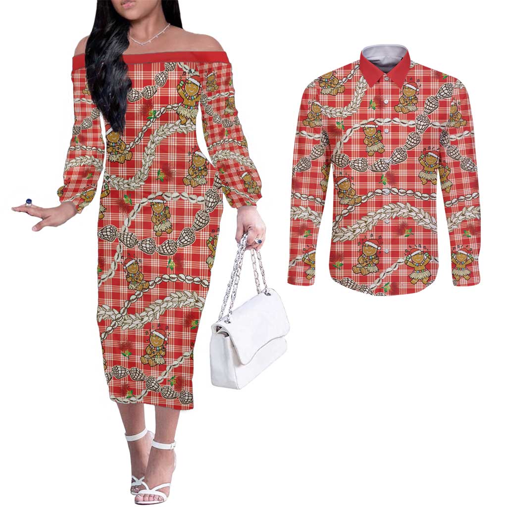 Red Palaka Hawaii Mele Kalikimaka Couples Matching Off The Shoulder Long Sleeve Dress and Long Sleeve Button Shirt Ohia Lehua Shell Leis Funny Gingerbread Santa - Polynesian Pride