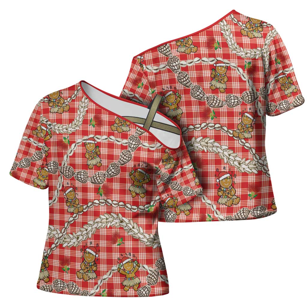 Red Palaka Hawaii Mele Kalikimaka Cross Shoulder Shirt Ohia Lehua Shell Leis Funny Gingerbread Santa - Polynesian Pride