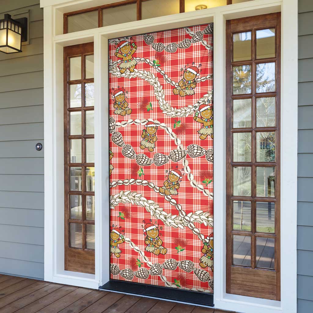 Red Palaka Hawaii Mele Kalikimaka Door Cover Ohia Lehua Shell Leis Funny Gingerbread Santa - Polynesian Pride