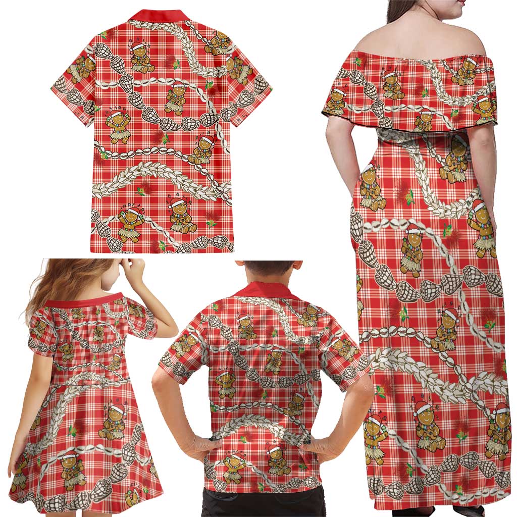 Red Palaka Hawaii Mele Kalikimaka Family Matching Off Shoulder Maxi Dress and Hawaiian Shirt Ohia Lehua Shell Leis Funny Gingerbread Santa LT14 - Polynesian Pride