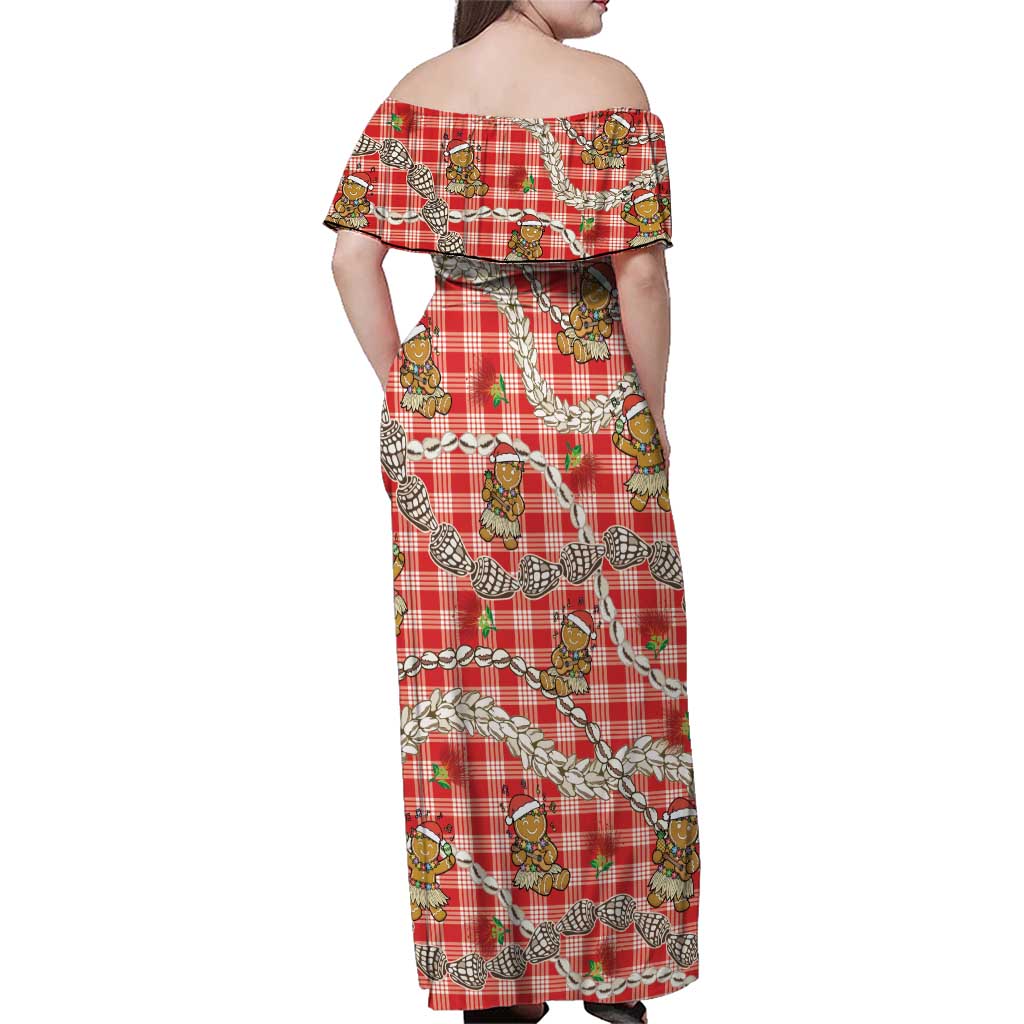 Red Palaka Hawaii Mele Kalikimaka Family Matching Off Shoulder Maxi Dress and Hawaiian Shirt Ohia Lehua Shell Leis Funny Gingerbread Santa LT14 - Polynesian Pride