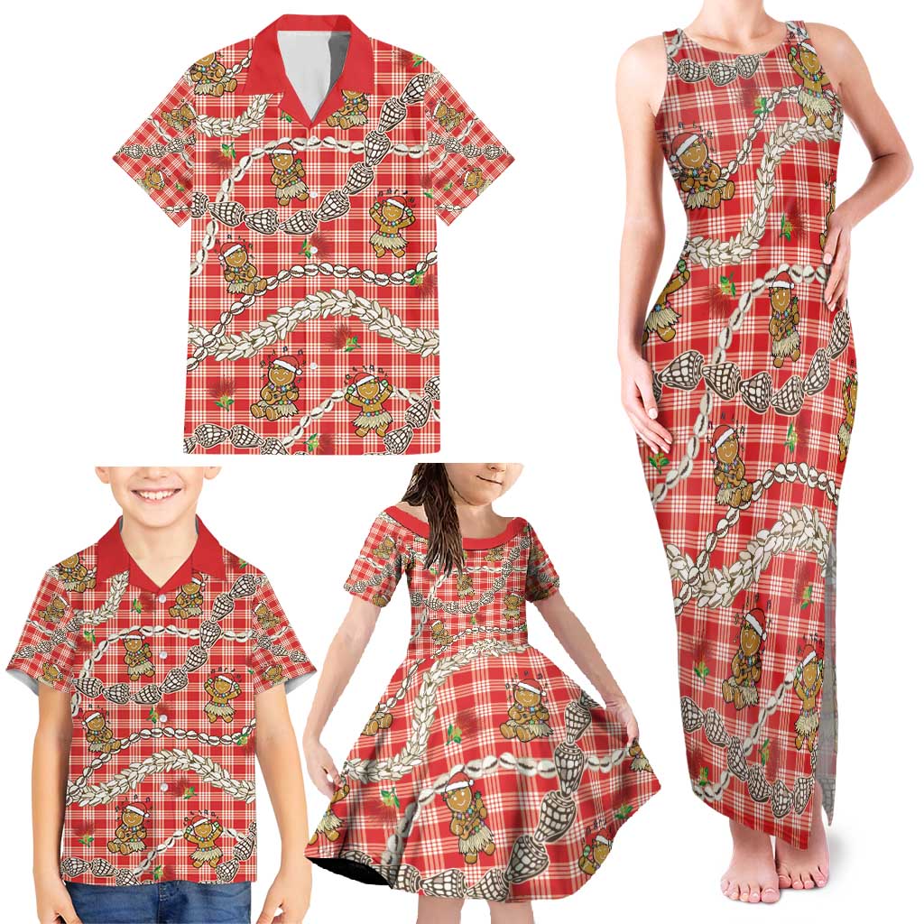 Red Palaka Hawaii Mele Kalikimaka Family Matching Tank Maxi Dress and Hawaiian Shirt Ohia Lehua Shell Leis Funny Gingerbread Santa - Polynesian Pride