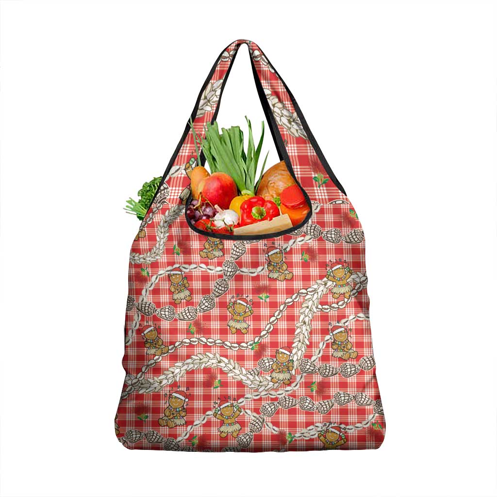 Red Palaka Hawaii Mele Kalikimaka Grocery Bag Ohia Lehua Shell Leis Funny Gingerbread Santa - Polynesian Pride