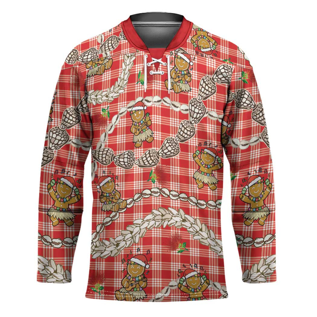 Red Palaka Hawaii Mele Kalikimaka Hockey Jersey Ohia Lehua Shell Leis Funny Gingerbread Santa - Polynesian Pride